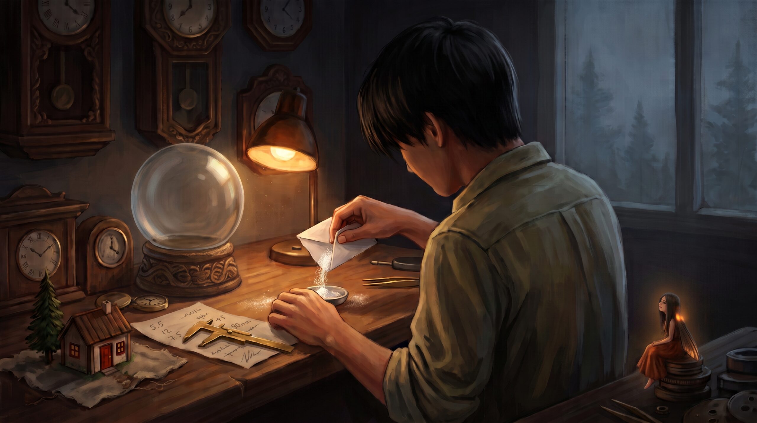 In a dim workshop at night, a young man with dark hair sifts fine white snow into a dish beside an empty glass globe, a tiny cottage with a red door and a pair of calipers. In the shadows at the far end of the bench, a tiny fairy with softly glowing wings sits on a stack of coins, quietly watching him.